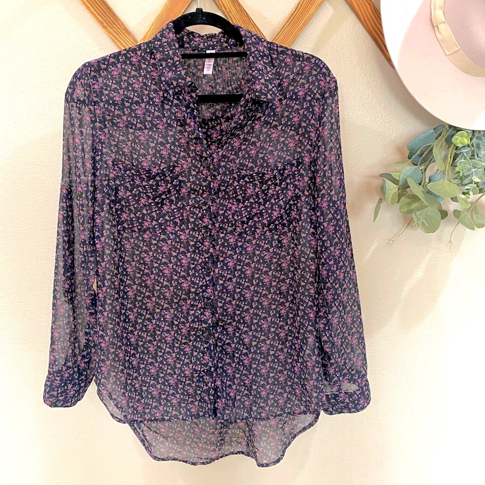 Floral Sheer Collared Button Down Blouse